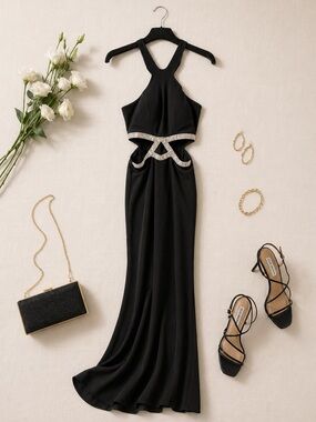 Xtraordinary halter formal Dress with Silver Accents